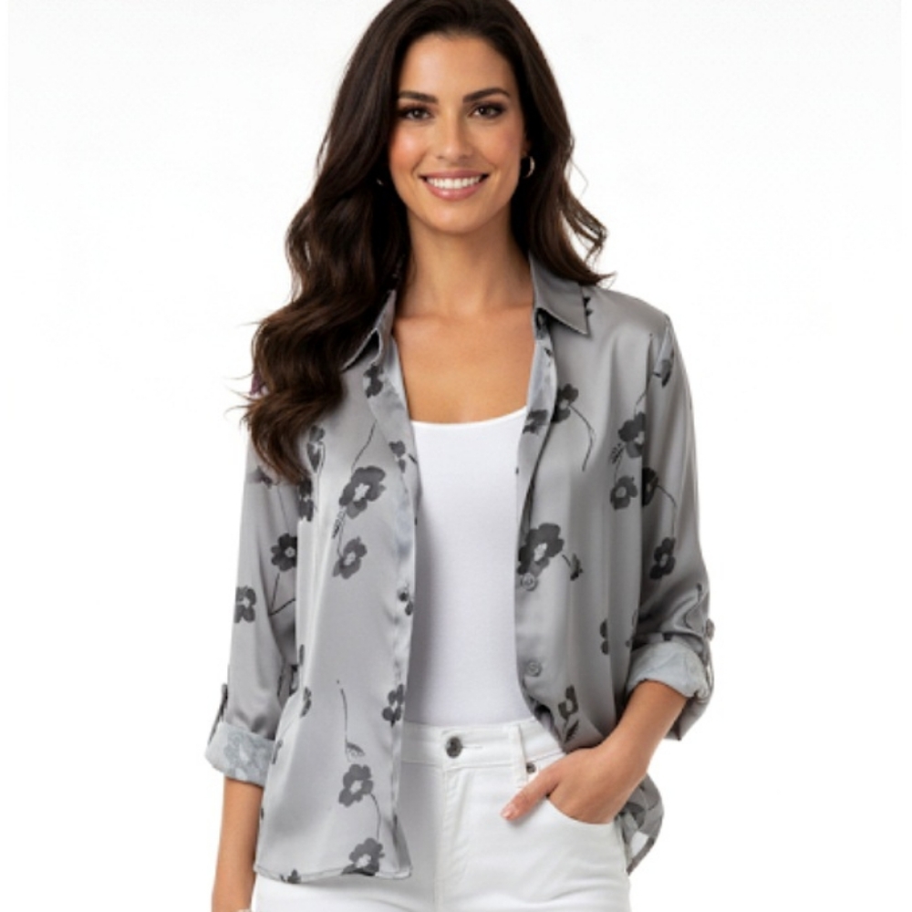 Anne Charles Semi Sheer Gray Floral Button Front Blouse Size Medium